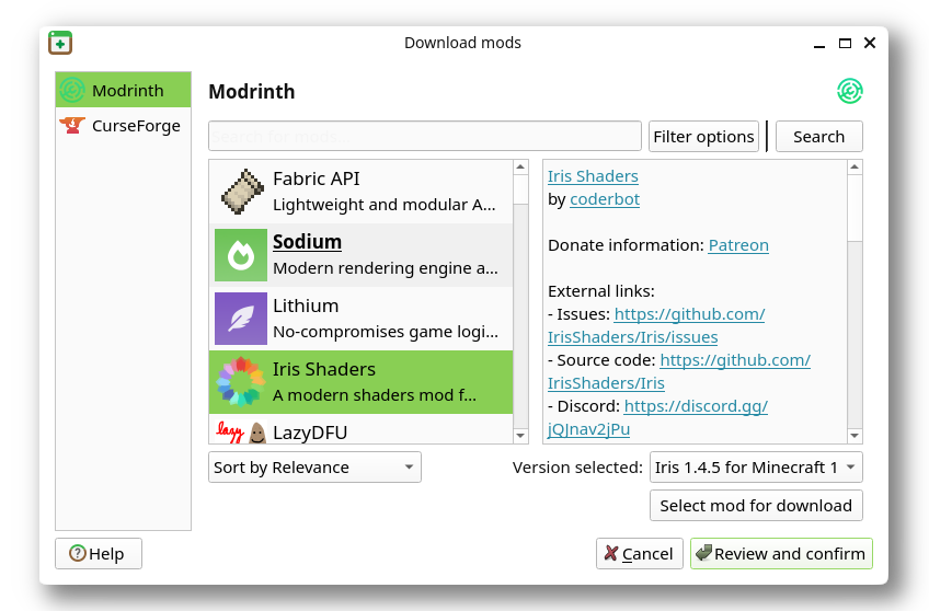 Mod downloader on mods tab under Prism Launcher settings